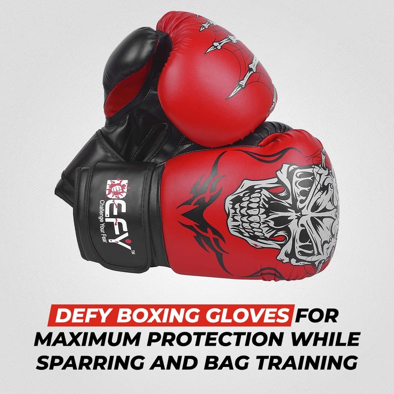 DEFY Challenge Your Fear Defy Sports Boxing Gloves for Men and Women - Premium Quality Faux Leather Kick Boxing Gloves â€“ Gel Infused Kickboxing Gloves with Thumb Support - Versatile Usage â€“ Skull Model Design (Red, 8 oz) - Image 3